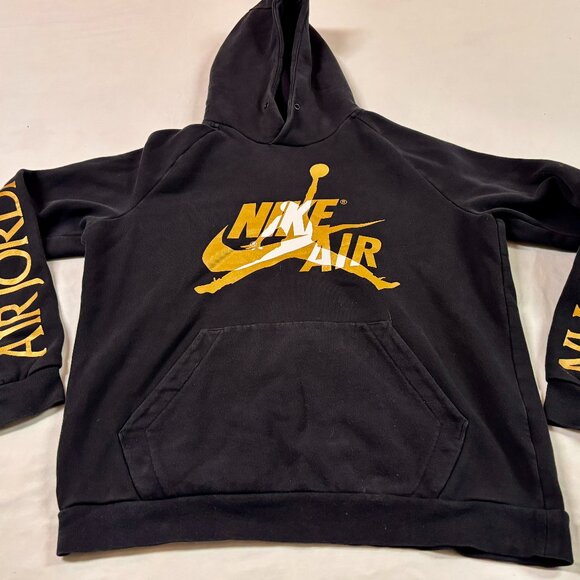 ~~Nike Air Jordan Hoodie Sweatshirt Mens L Black Gold Pullover Jumpman Logo - Picture 1 of 4
